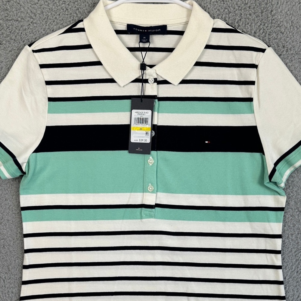Tommy Hilfiger Shirt Polo Women Medium White Blue Stripe Stretch Rugby Logo NEW - Picture 1 of 8